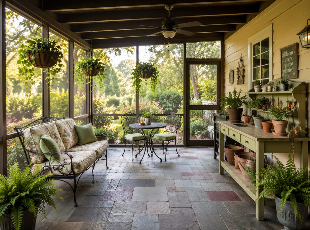 Mesa de jardinería, hiedra colgante, mesa bistró centrada