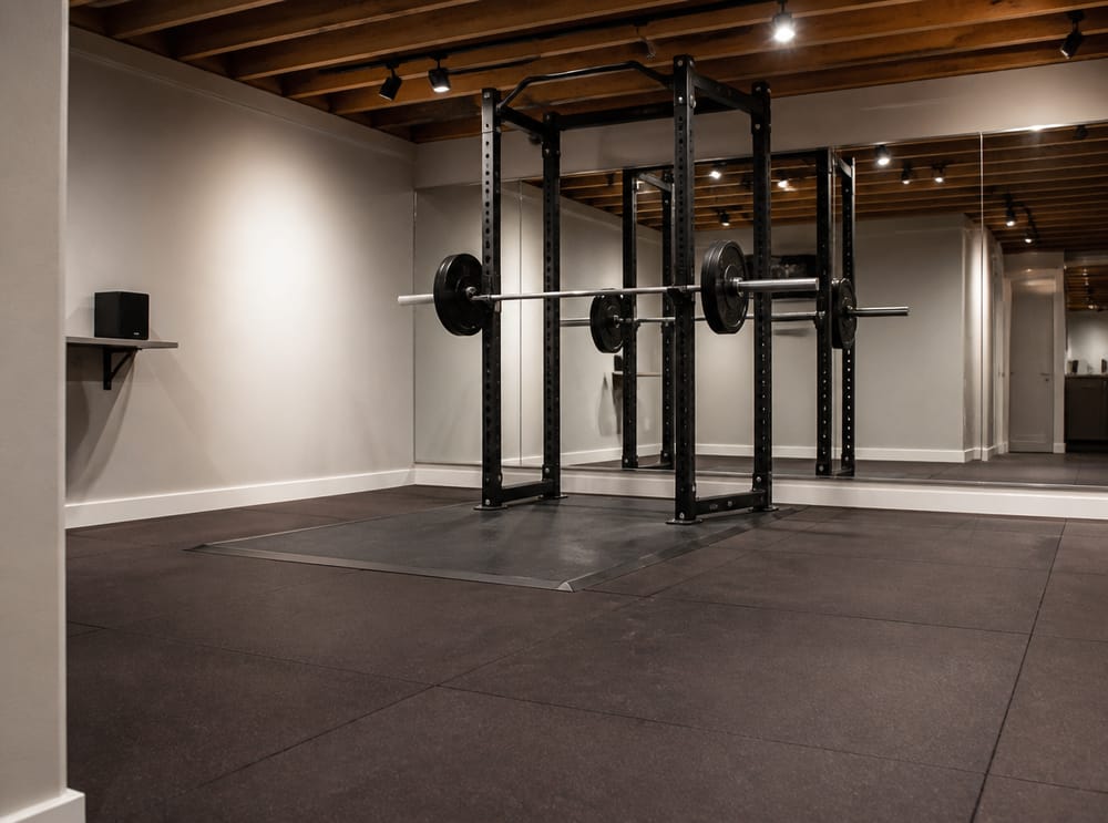 Squat rack centrato sulla parete più lunga, pedana in compensato