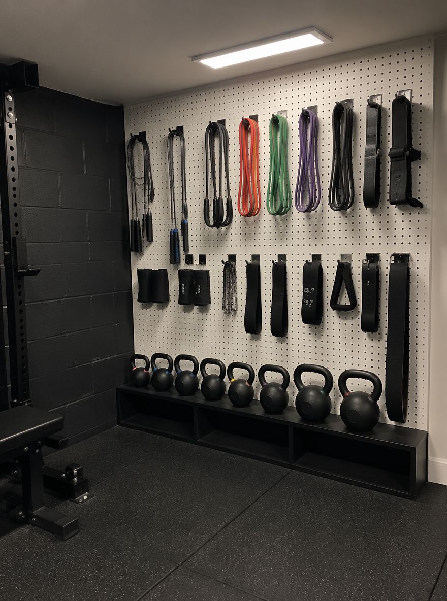 Parete pegboard con attrezzatura organizzata