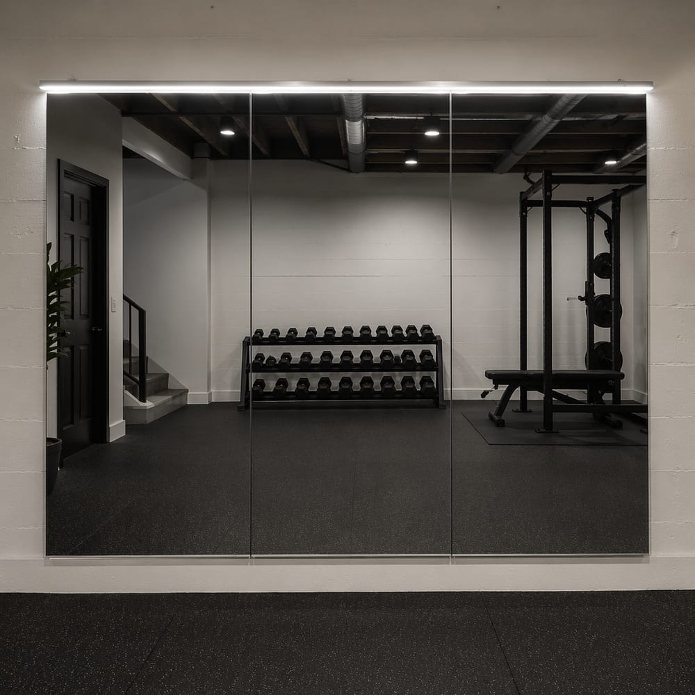 Tre pannelli specchio senza cornice su parete di cemento verniciata