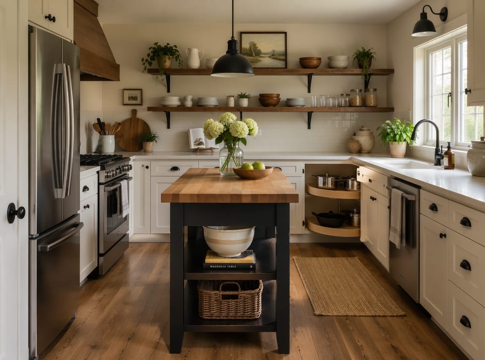 Cocina estilo farmhouse con Lazy Susan de dos niveles en esquina inferior
