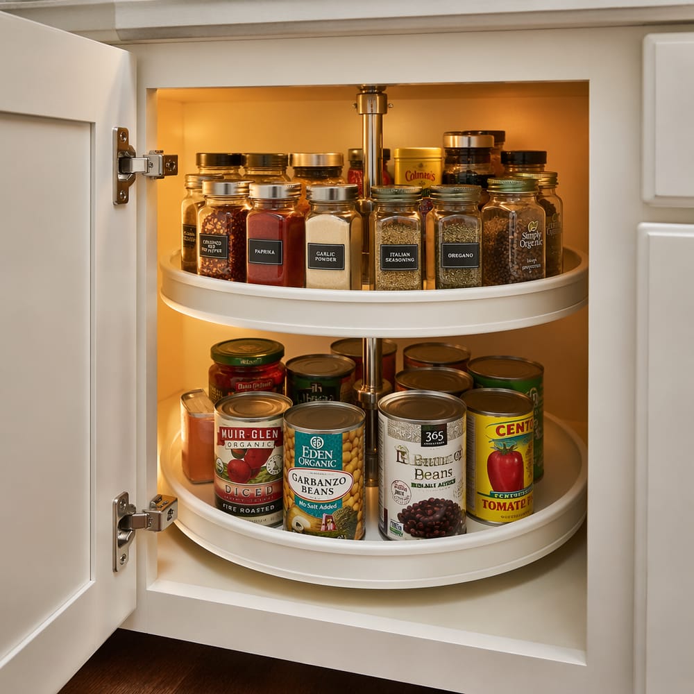 Repisas Lazy Susan llenas de frascos de despensa