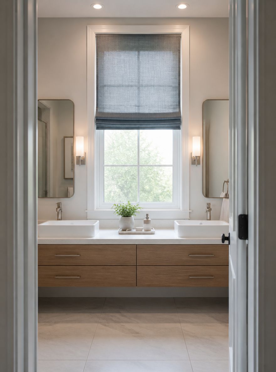 Estor romano azul grisáceo en la ventana de un baño con doble lavabo