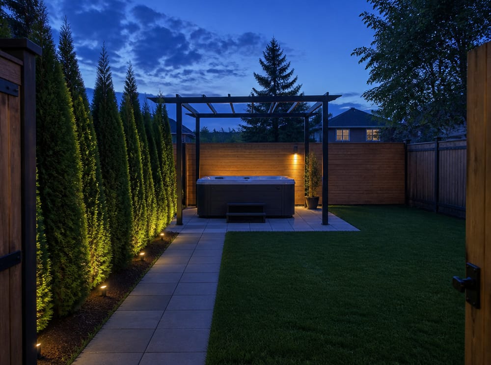 Siepe di thuja e pergola in acciaio delimitano l'area relax