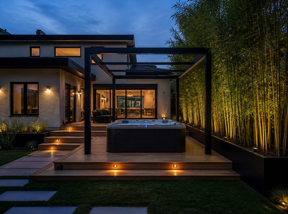 Pergola nera in acciaio e vaso di bambù al crepuscolo blu