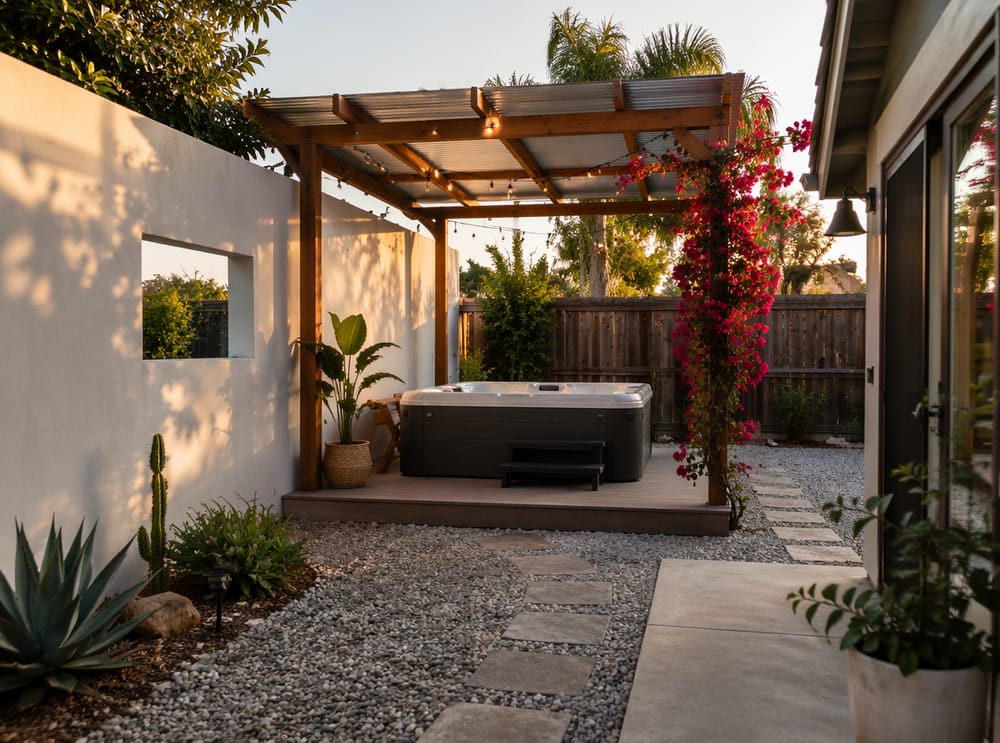Parete privacy bianca con finestra accanto alla pergola