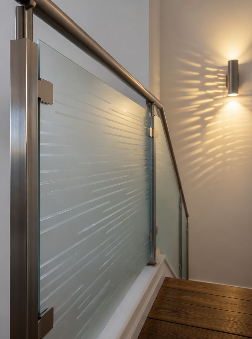 Frostet glassplate med mønster og nikkelskinne