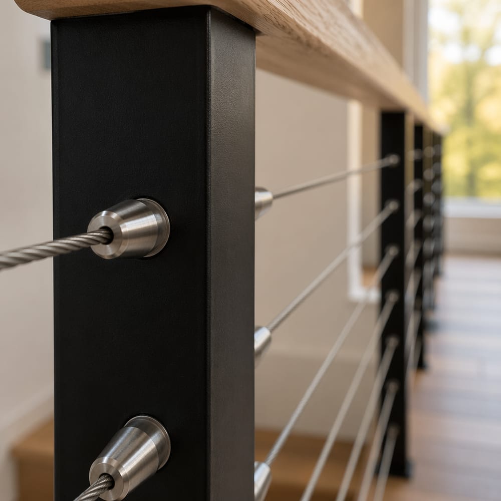 Detalj av vaierskrue i sort stålstolpe