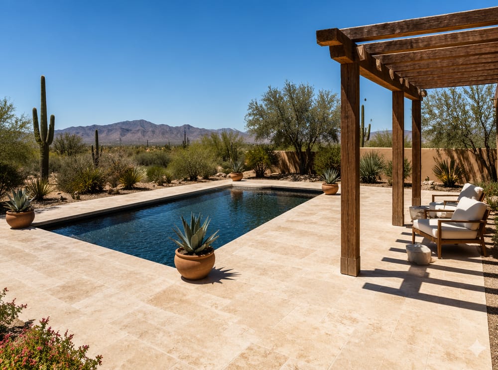 Solarium in pietra calcarea con vasi d’agave agli angoli della piscina