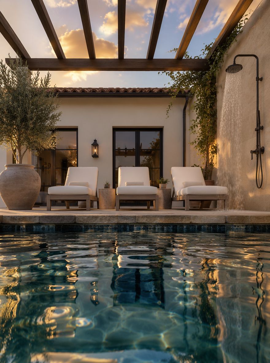 Vista a livello dell’acqua delle sedie relax su solarium in pietra