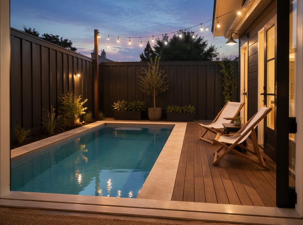 Piccola piscina urbana con seduta in teak accanto alla recinzione