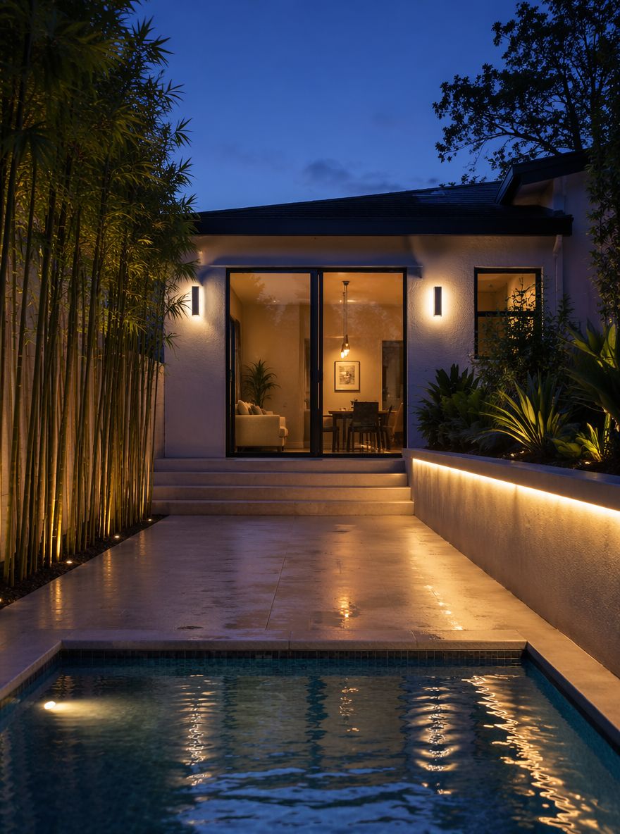 Illuminazione a LED su muro di contenimento all’estremità corta della piscina