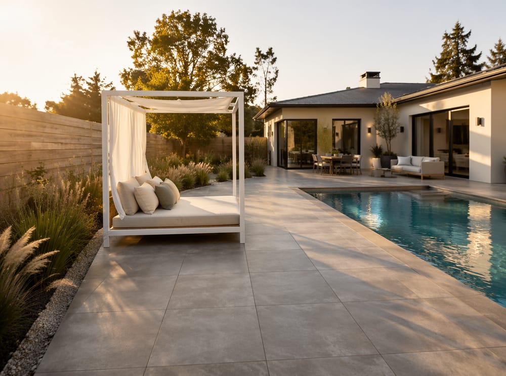 Letto prendisole con baldacchino rivolto verso il bordo piscina in gres grigio