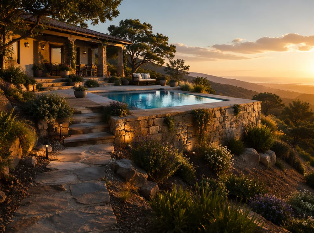 Terrazza piscina rialzata con muro di contenimento in pietra sottostante