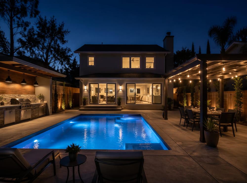 Piscina illuminata accanto a cucina esterna di sera