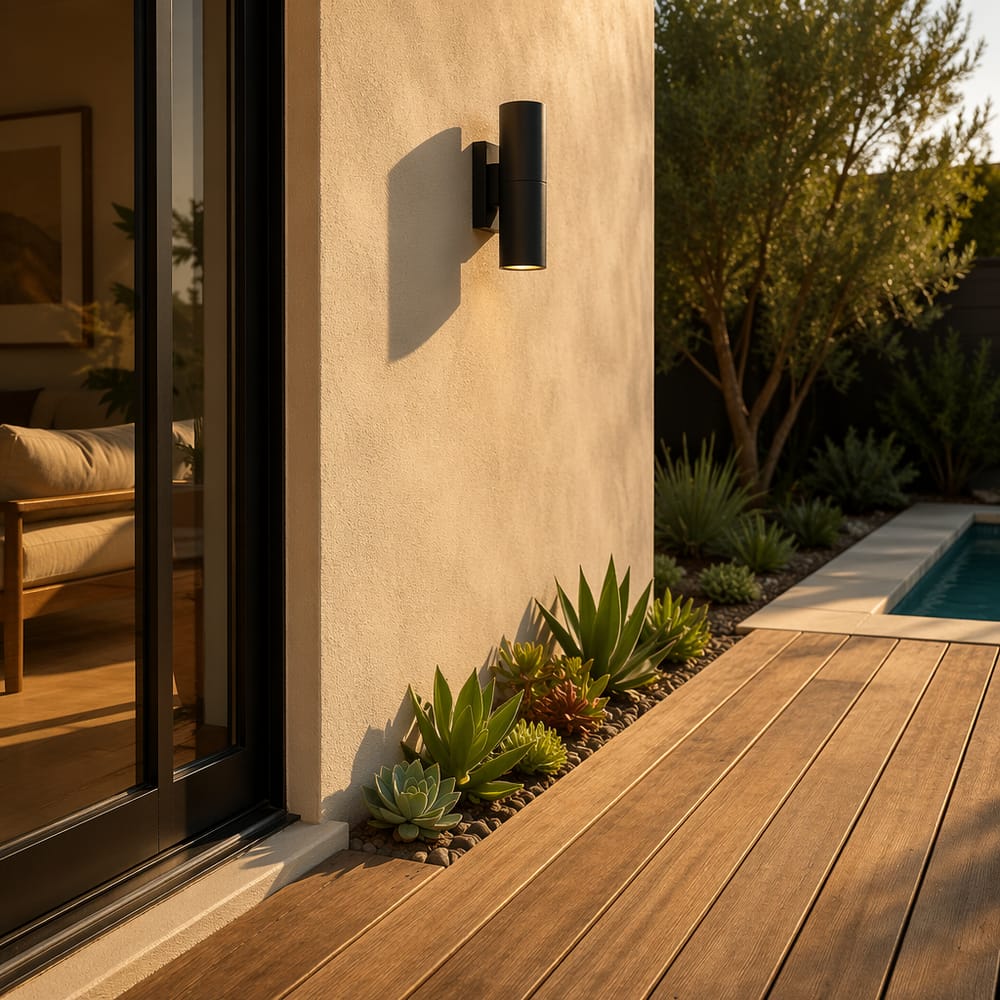 Solarium in teak che incontra la parete di casa con striscia di piante grasse