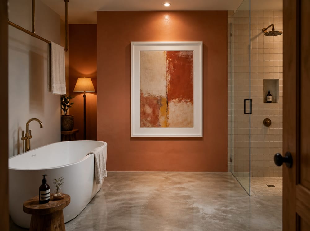 Lámina abstracta al óleo entre bañera y pared de ducha