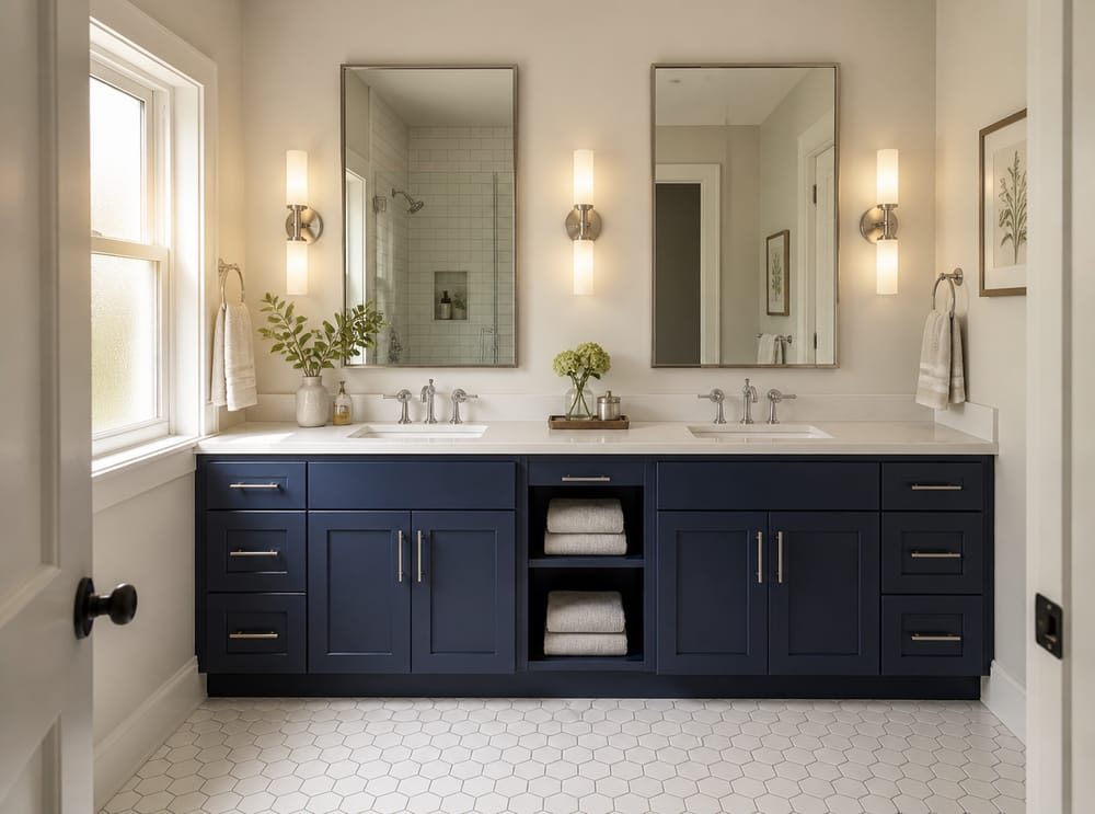 Piano in quarzo continuo con mobili blu navy abbinati