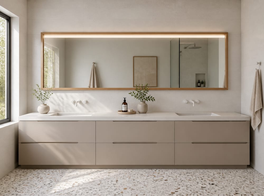 Mobili grigio-beige a pannello liscio sotto uno specchio con cornice in rovere
