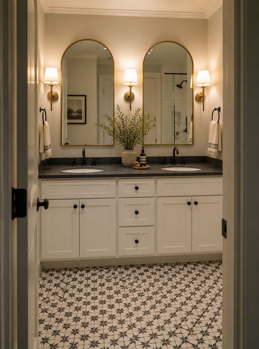 Specchi dorati ad arco sopra doppio lavabo bianco a telaio