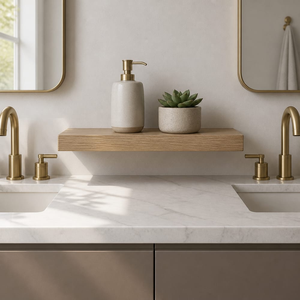 Mensola in rovere condivisa fra le due zone lavabo