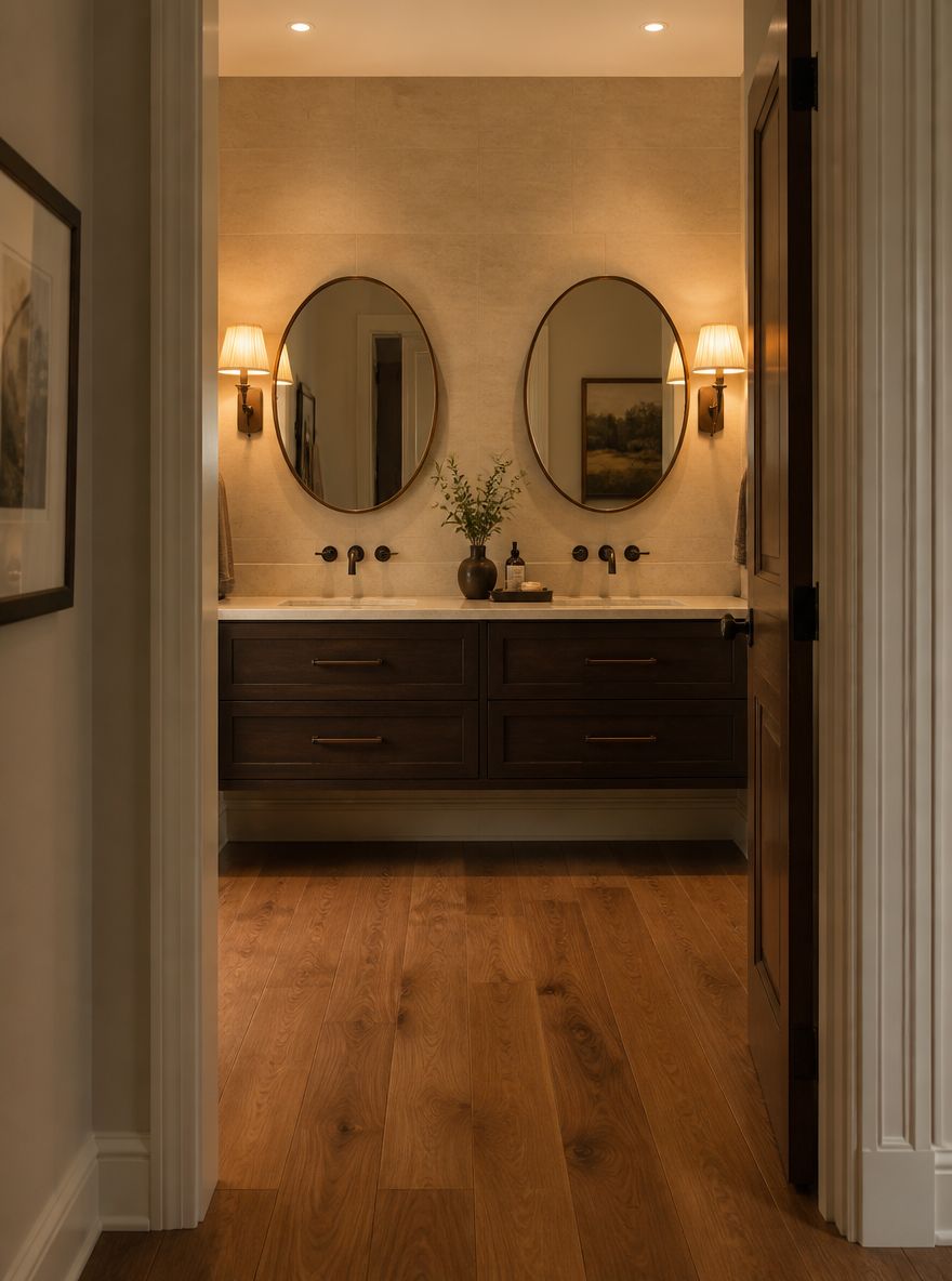 Mobile sospeso in rovere espresso con specchi in bronzo antico