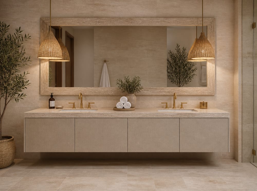 Piano e cornice specchio in travertino in bagno stile spa