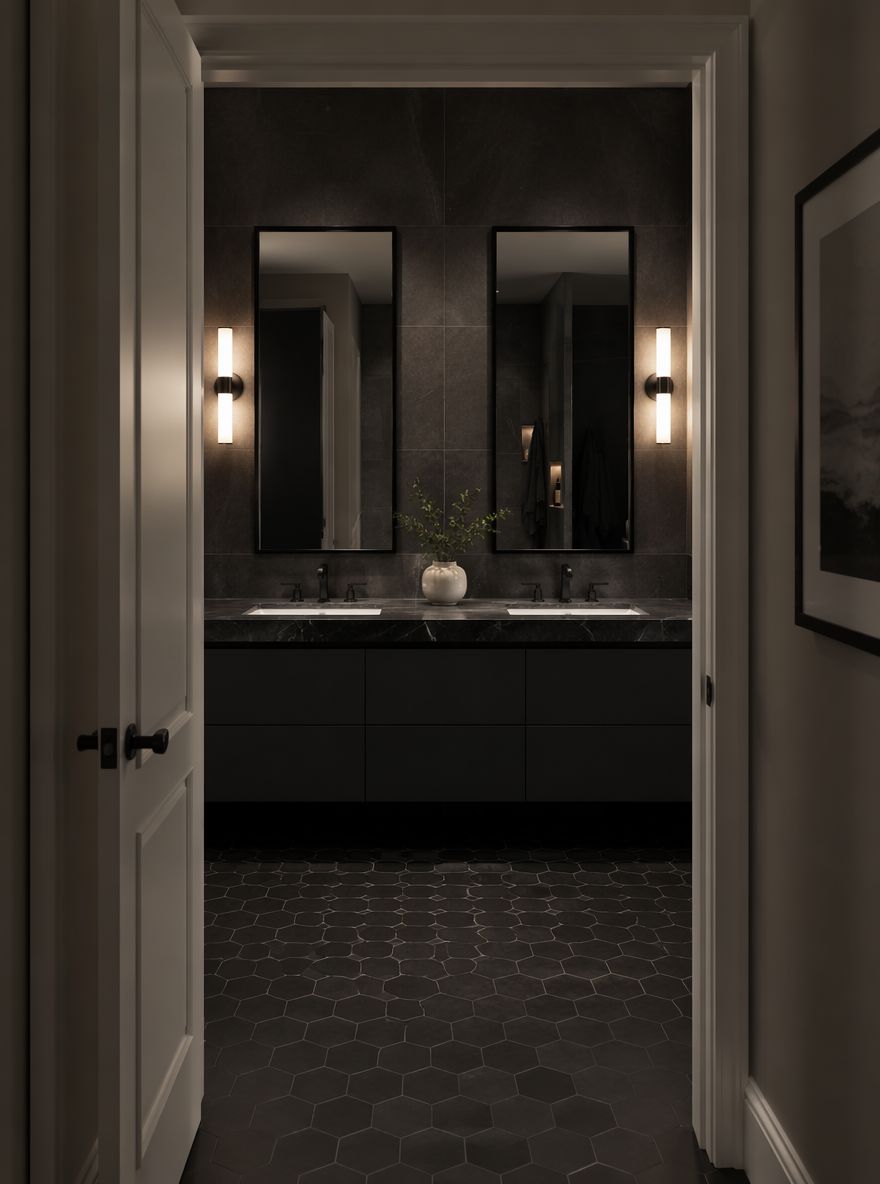 Mobili antracite con marmo nero e applique atmosfera scura