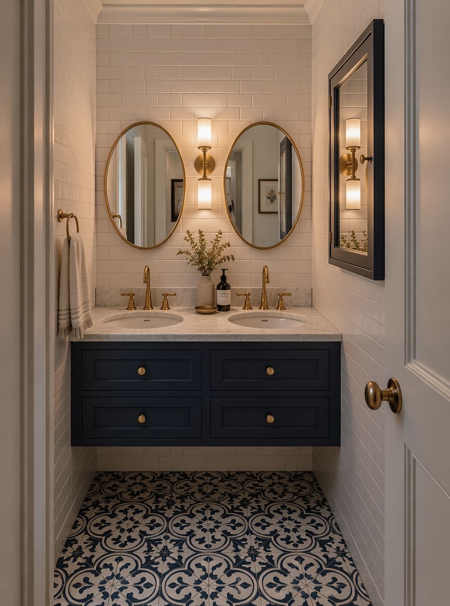 Pensile blu navy compatto con applique in ottone in bagno stretto