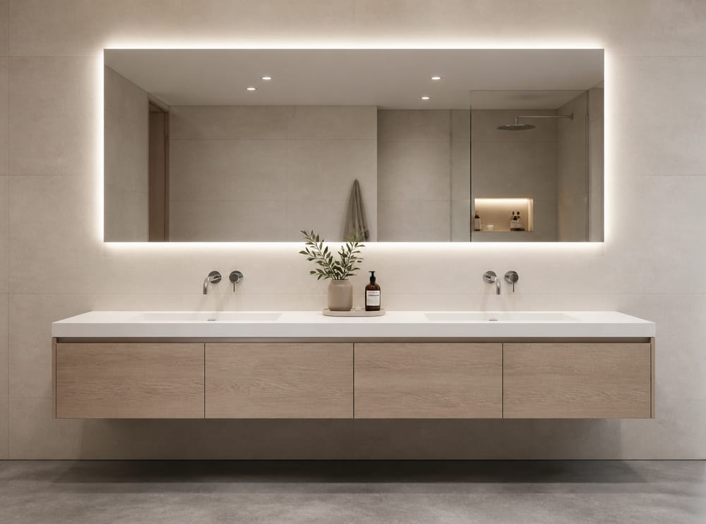Lavabo canale integrato con rubinetti a parete cromati