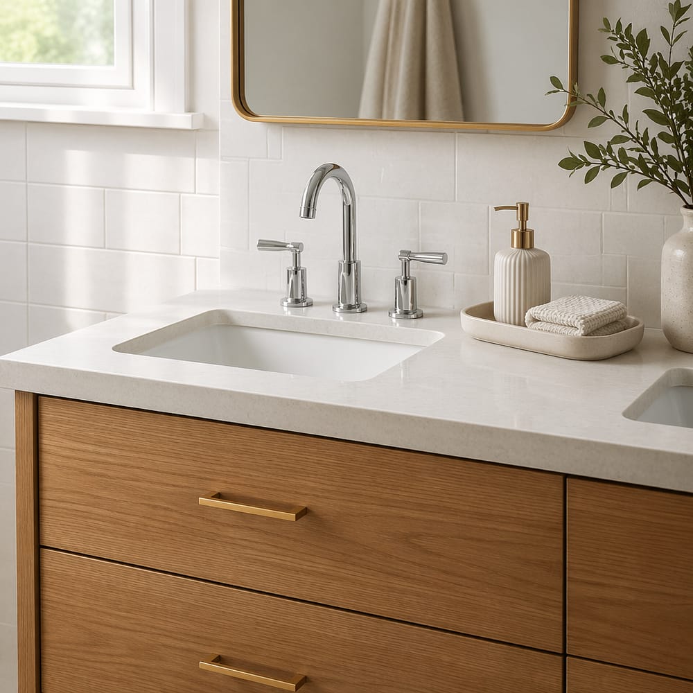 Cassettiera in rovere accanto a lavabo sottotop
