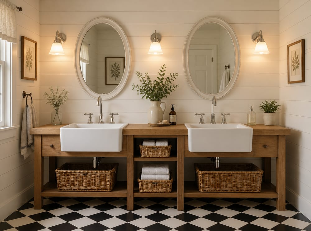 Top in legno massello con lavelli farmhouse e rivestimento shiplap