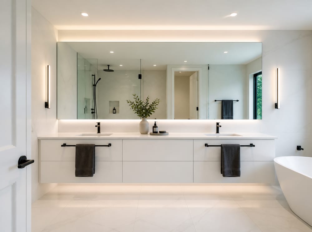 Mobile laccato bianco a tutta parete con specchio LED integrato