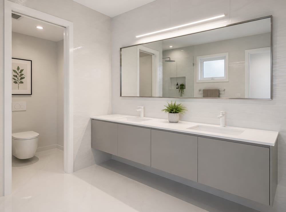 Piano bianco opaco in solid-surface con mobile grigio a pressione