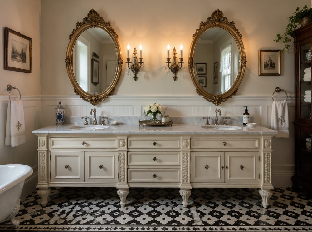 Specchi dorati decorativi sopra mobile bagno in crema scolpita