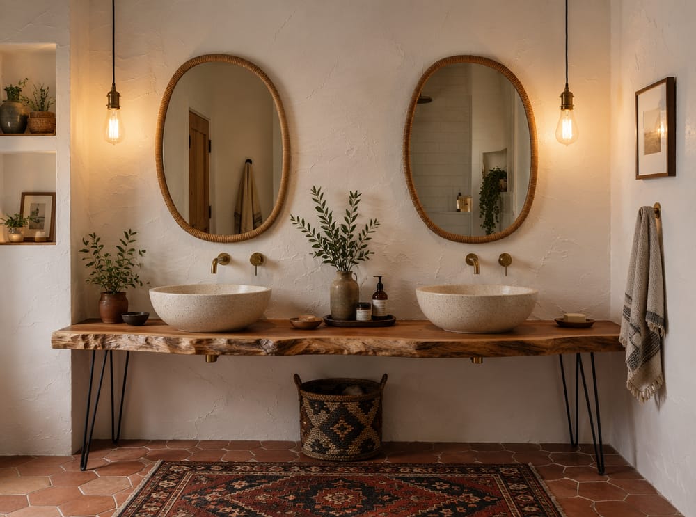 Mensola in legno vivo con lavabi in ceramica e specchi in rattan