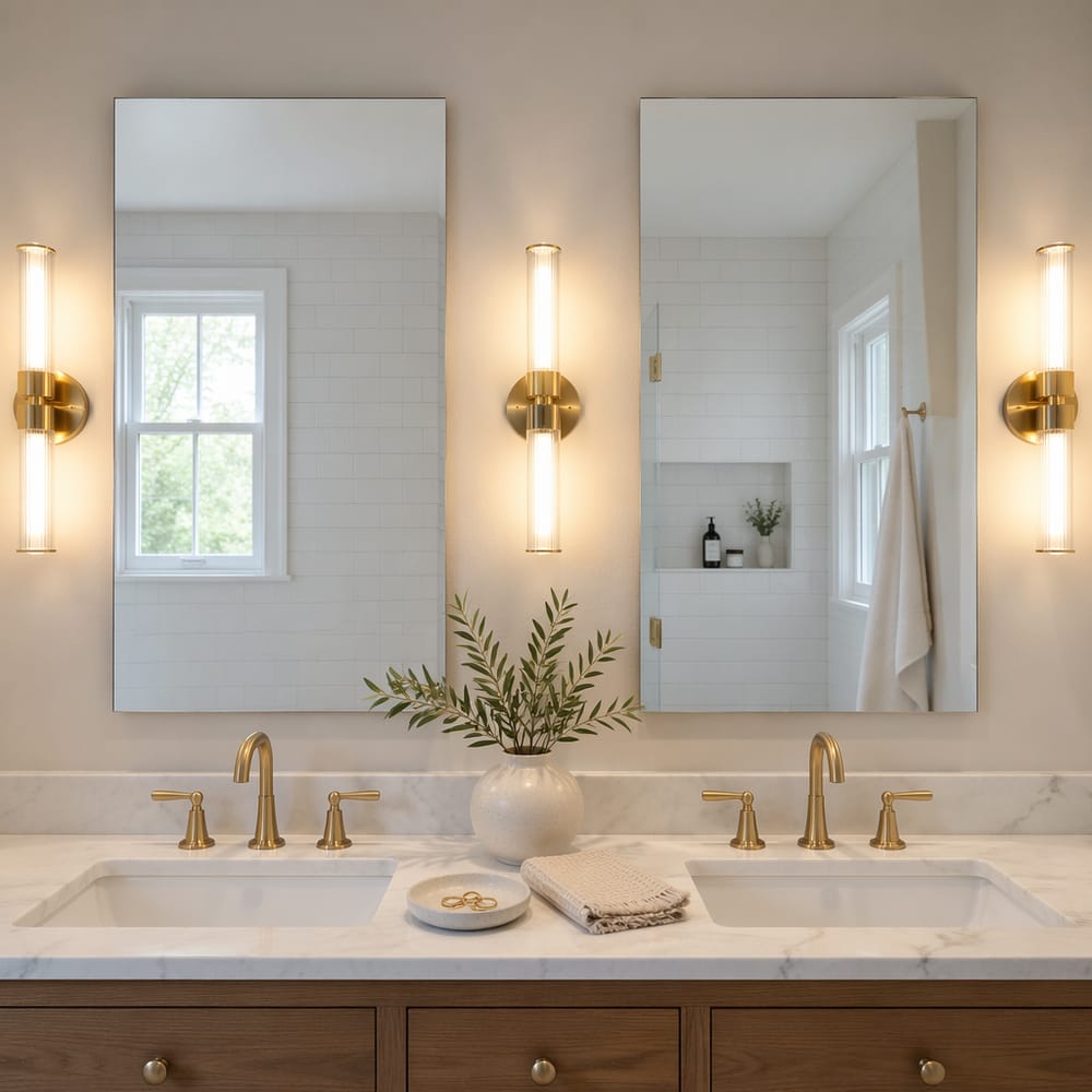 Coppia di specchi senza cornice con luce calda da applique dorate