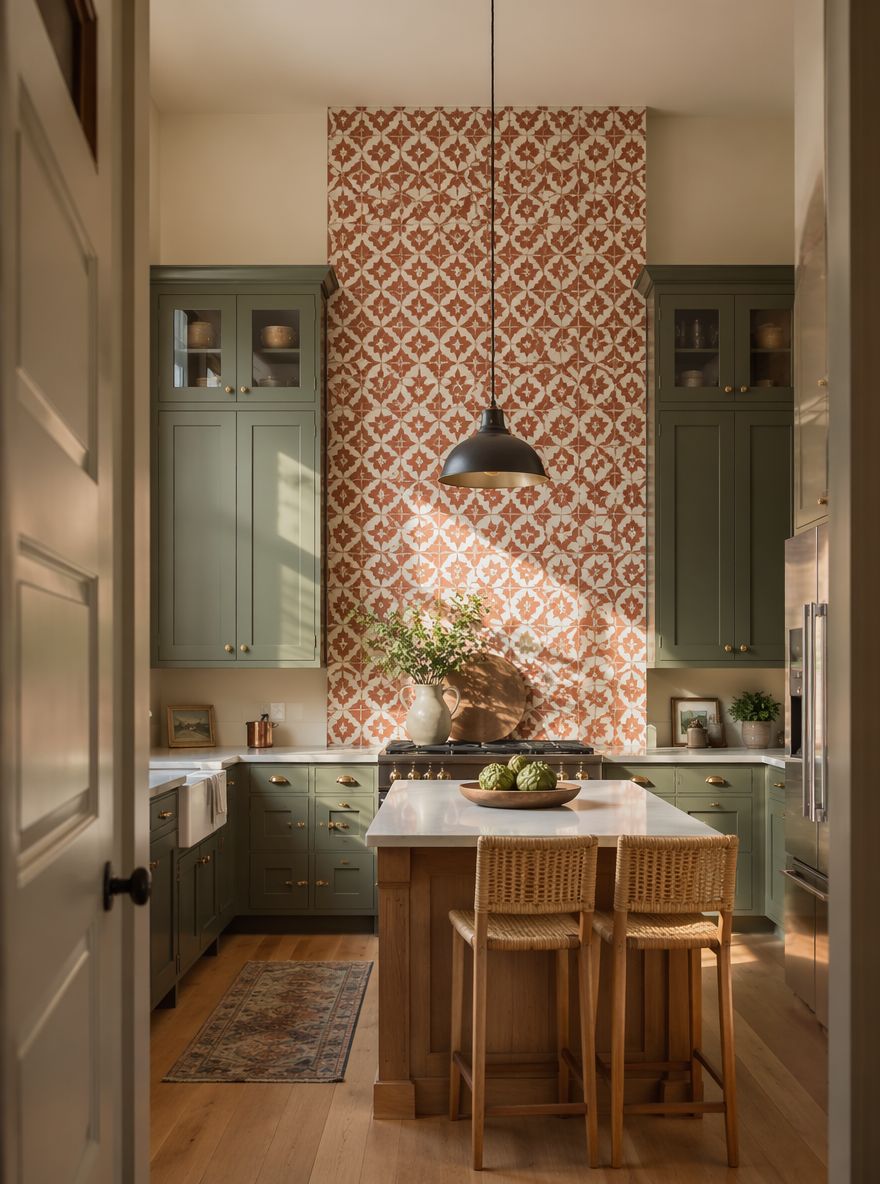 Panel con diseño de azulejos geométricos detrás de una cocina independiente