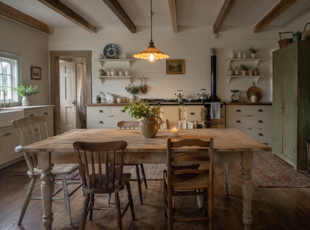 Papel pintado efecto shiplap detrás de una cocina crema