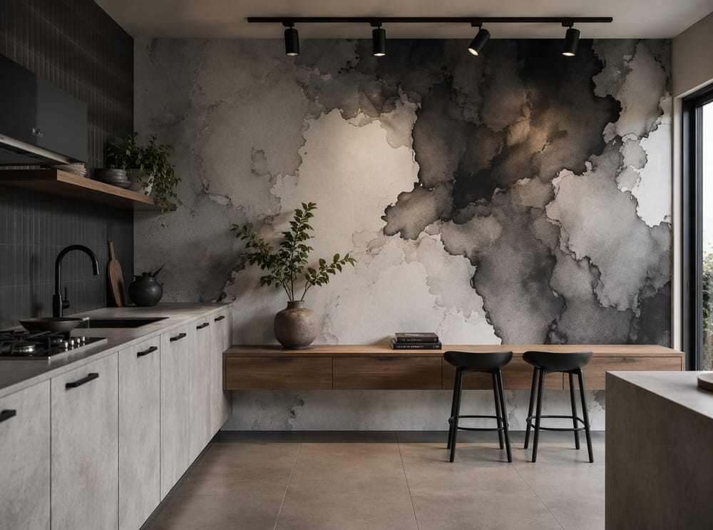 Papel pintado de manchas de tinta a gran escala como pared principal de la cocina