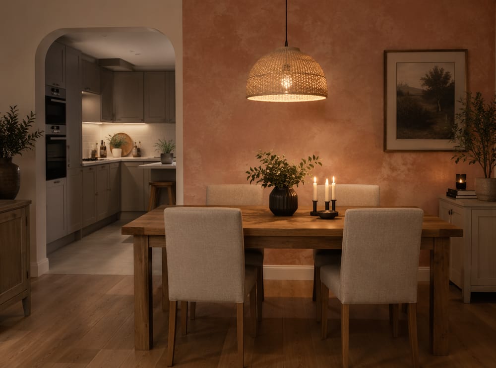Papel pintado efecto limewash define la zona de cocina-comedor