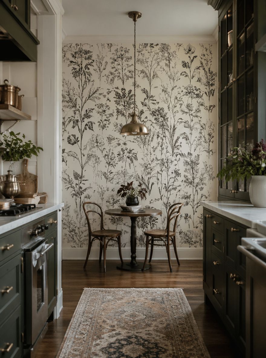 Papel pintado de ilustraciones botánicas vintage en una pared final de la cocina
