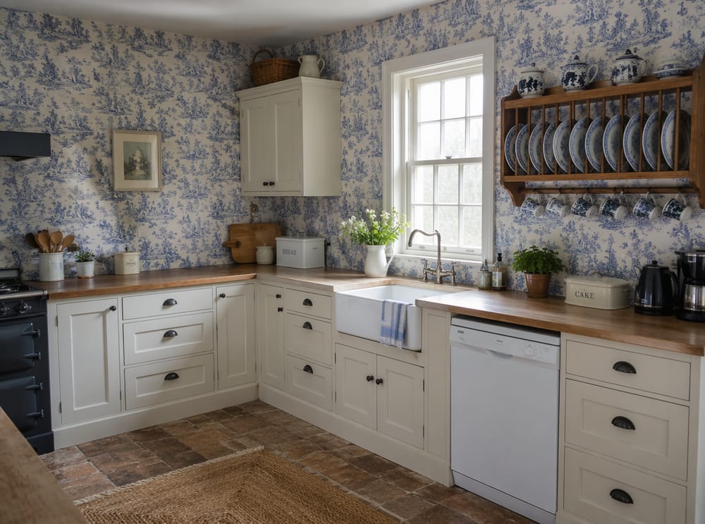 Papel pintado Toile de Jouy recubriendo dos paredes de cocina rústica