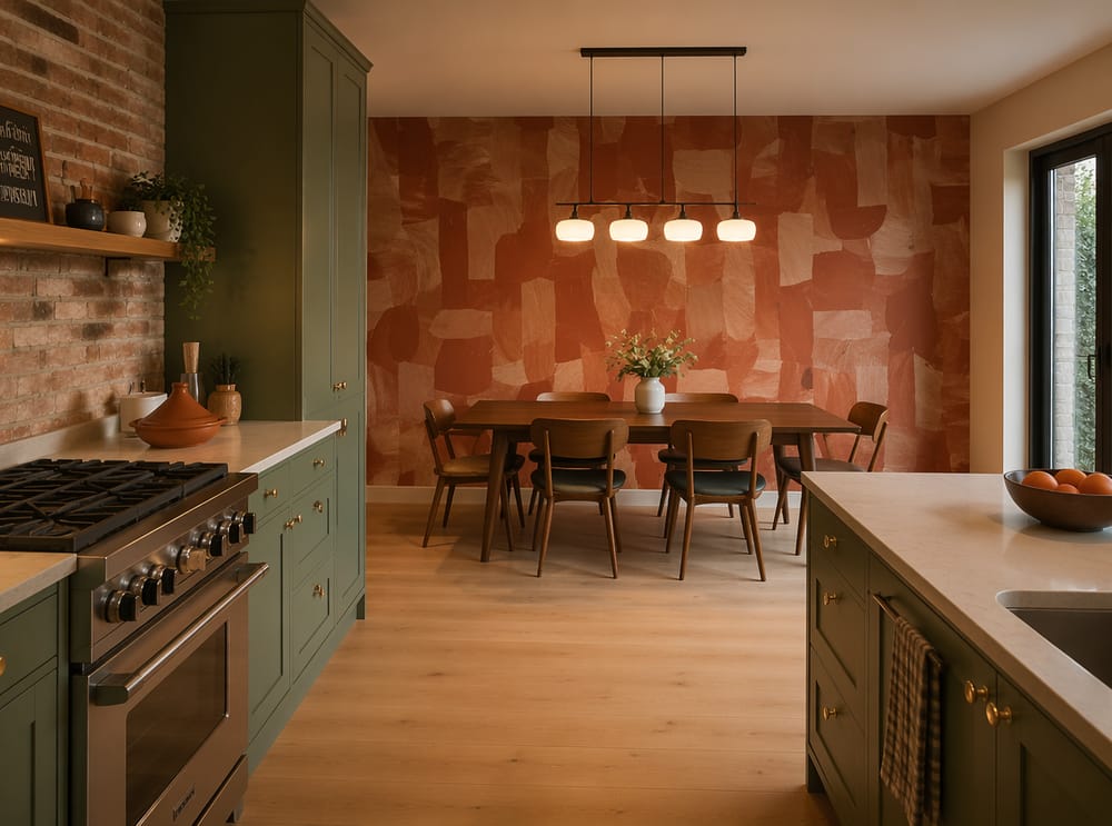 Papel pintado de brochazos abstractos define la pared protagonista del comedor