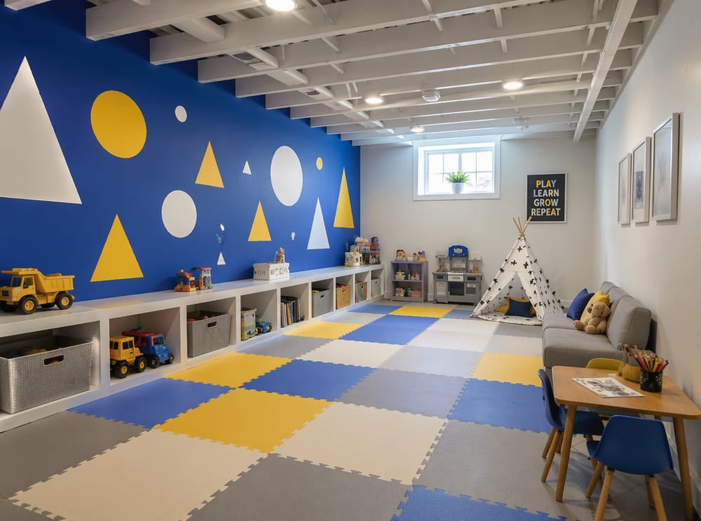 Pared mural pintada con cubículos empotrados en sala de juegos