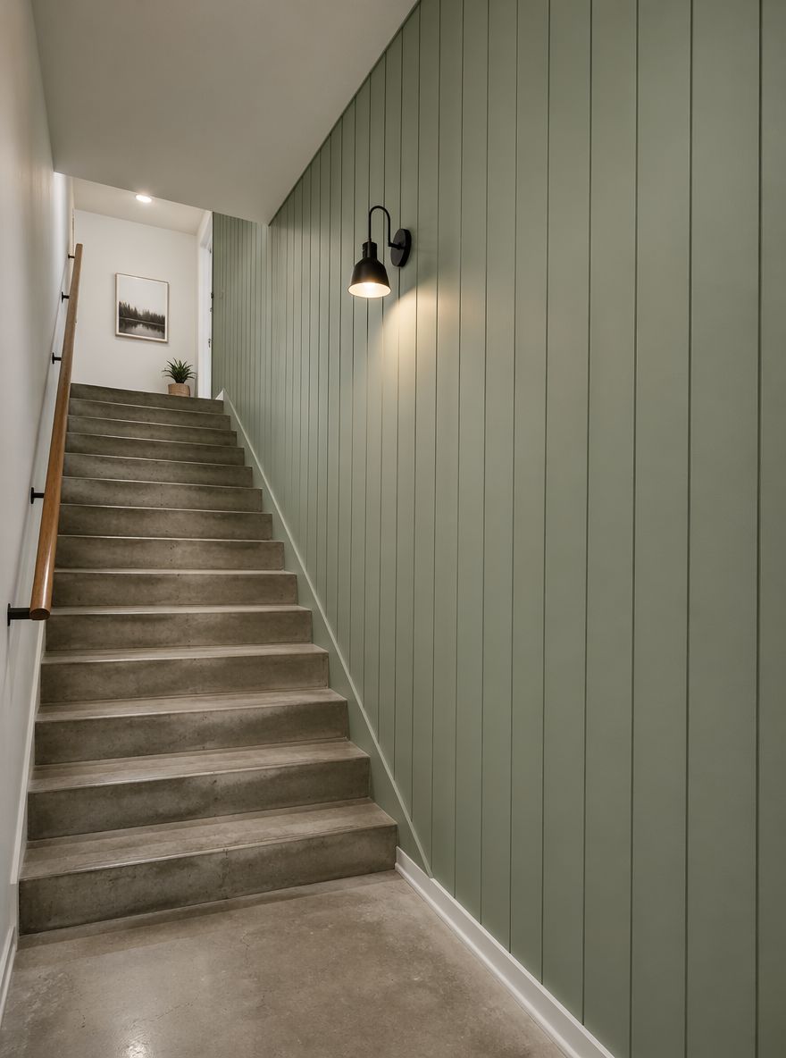 Shiplap verde salvia subiendo la pared de la escalera del sótano