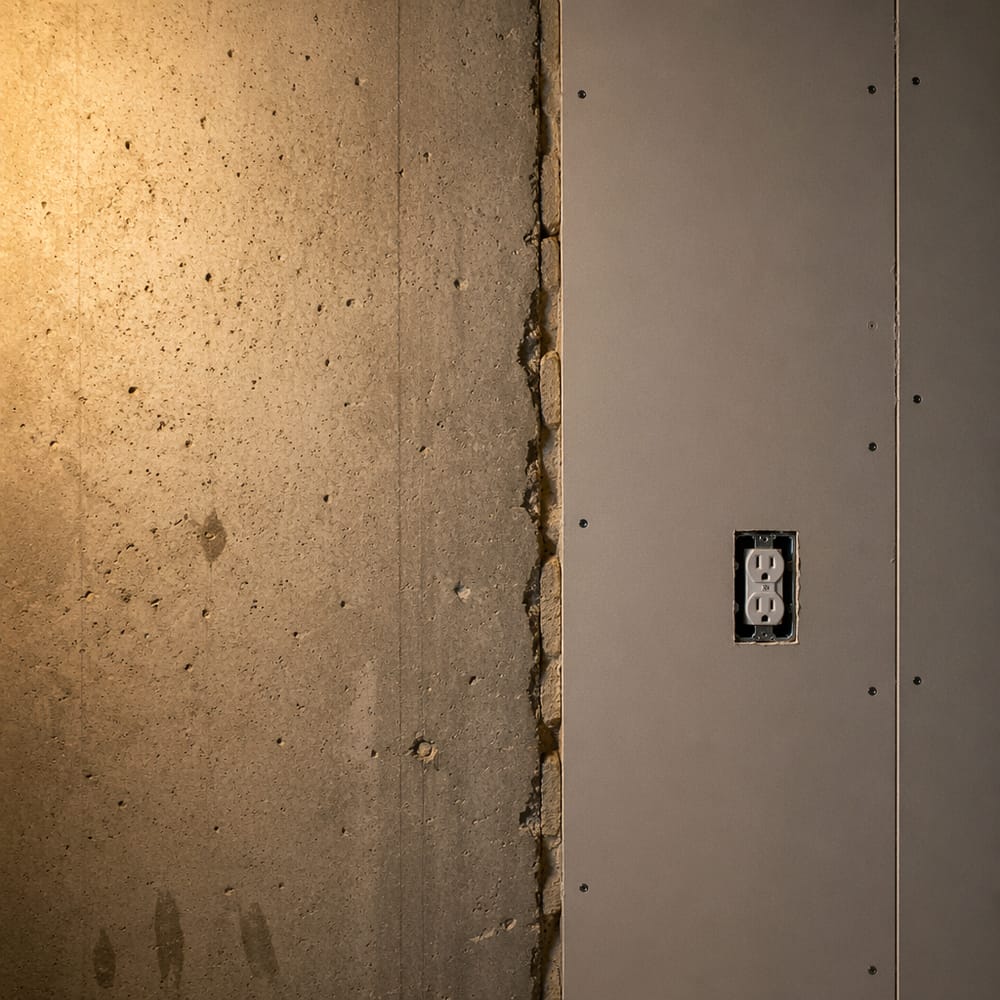 Concreto expuesto junto a nuevo panel de yeso en pared de sótano