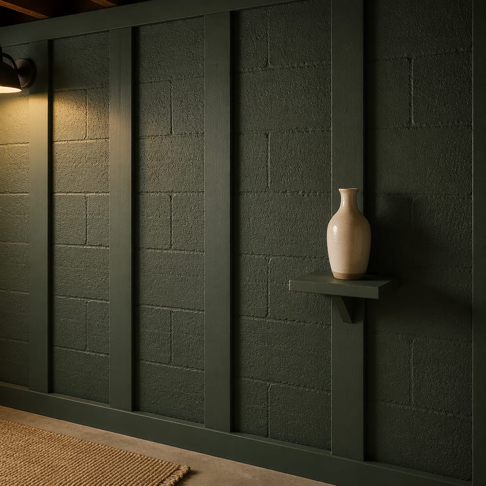 Tablero y listón sobre textura de bloque de concreto pintado