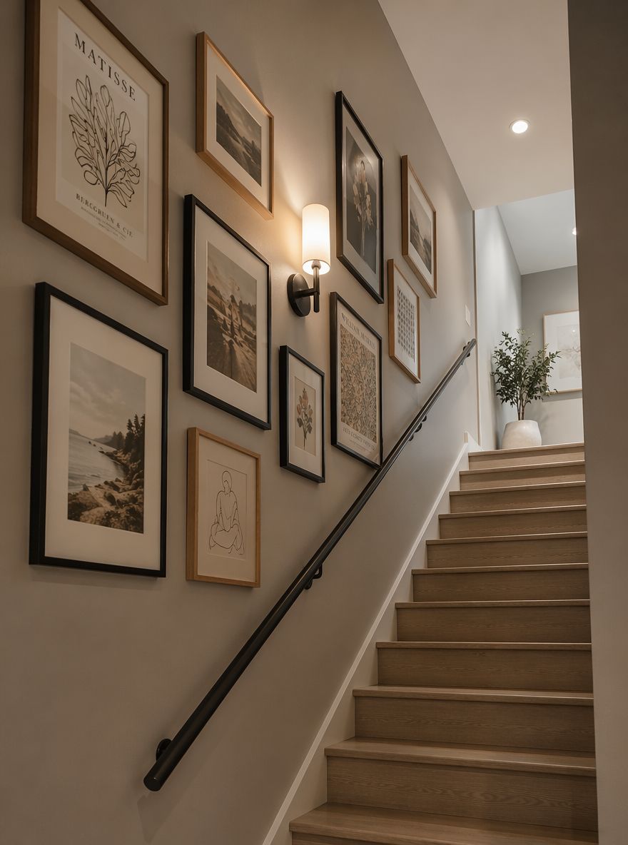 Galería de cuadros en escalera de sótano tipo salón