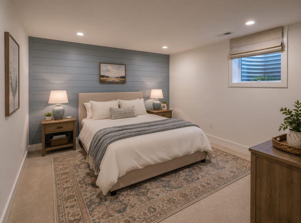 Pared cabecera de shiplap azul empolvado en habitación de invitados en sótano